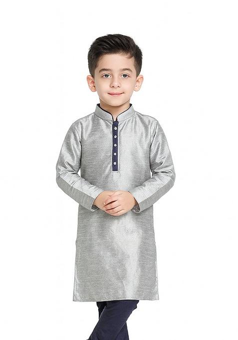 Grey Plain Silk Kurta For Boys