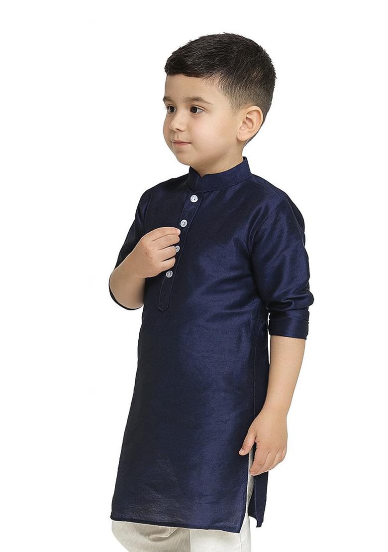 Navy Blue Plain Silk Kurta For Boys - Indya