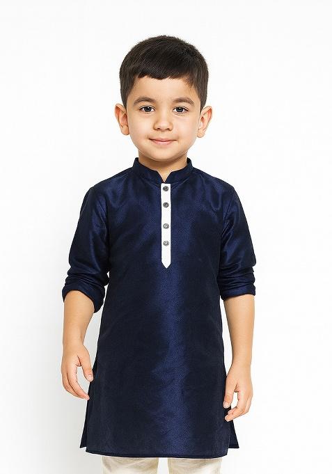 Navy Blue Plain Silk Kurta For Boys