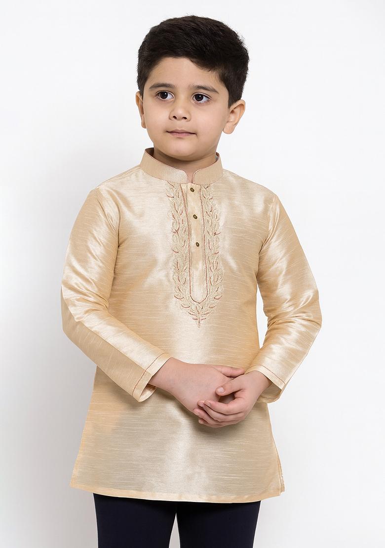 Fawn Embroidery Silk Kurta For Boys - Indya