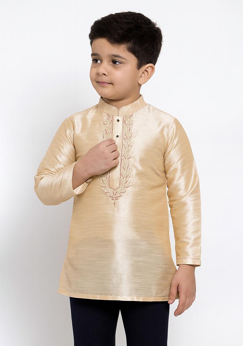 Fawn Embroidery Silk Kurta For Boys - Indya