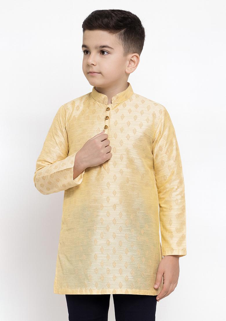 Lemon Brocade Cotton Kurta For Boys - Indya