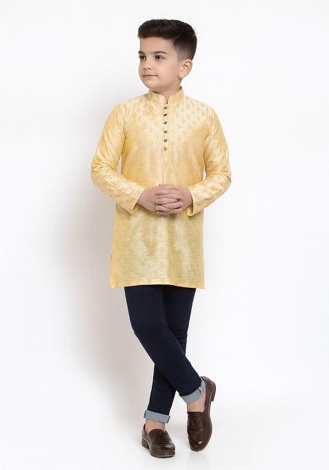 Lemon Brocade Cotton Kurta For Boys