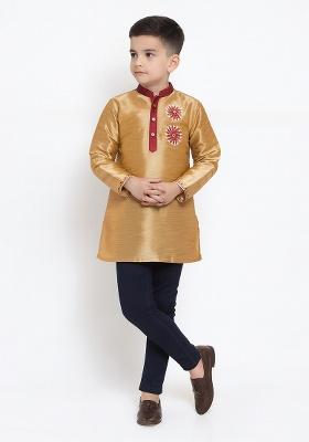 Golden Embroidery Silk Kurta For Boys