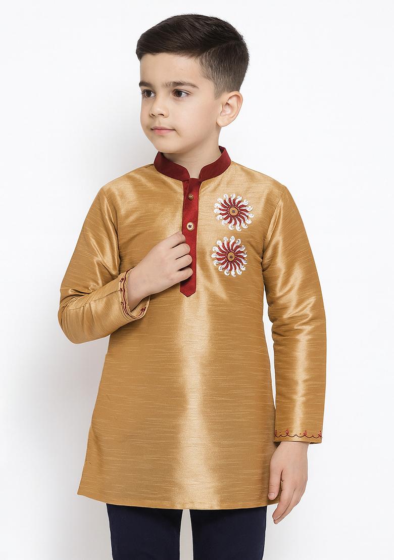 Golden Embroidery Silk Kurta For Boys - Indya