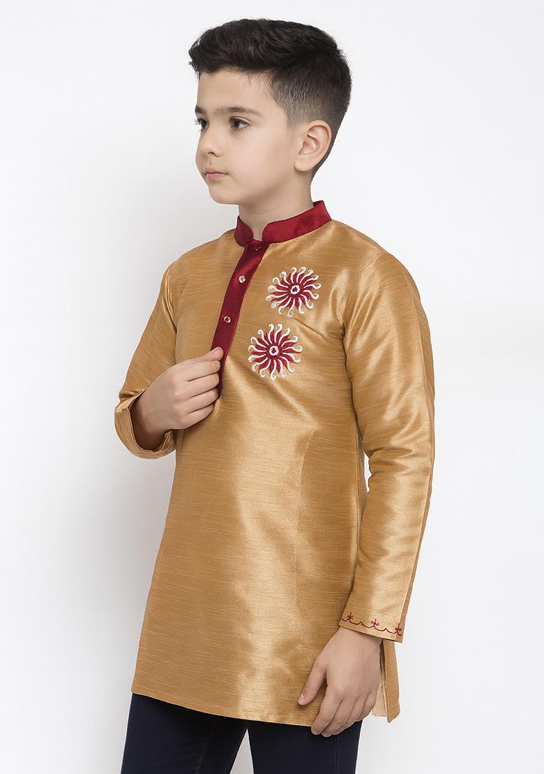 Golden Embroidery Silk Kurta For Boys - Indya