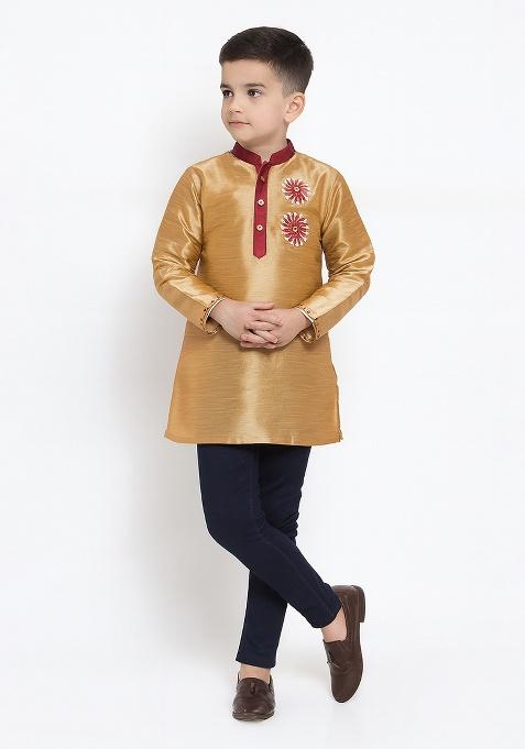 Golden Embroidery Silk Kurta For Boys