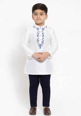 White Embroidery Silk Kurta For Boys
