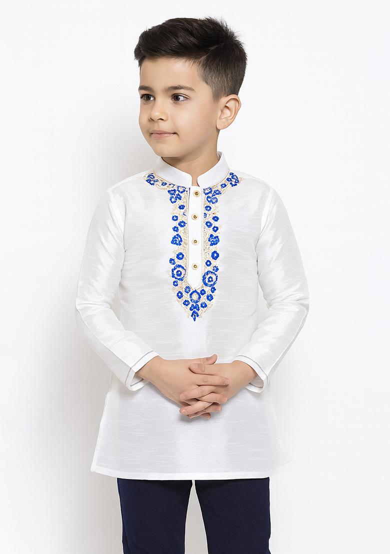 White Embroidery Silk Kurta For Boys - Indya