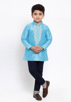 Light Blue Embroidery Silk Kurta For Boys