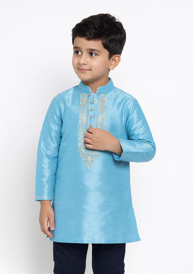 Light Blue Embroidery Silk Kurta For Boys - Indya
