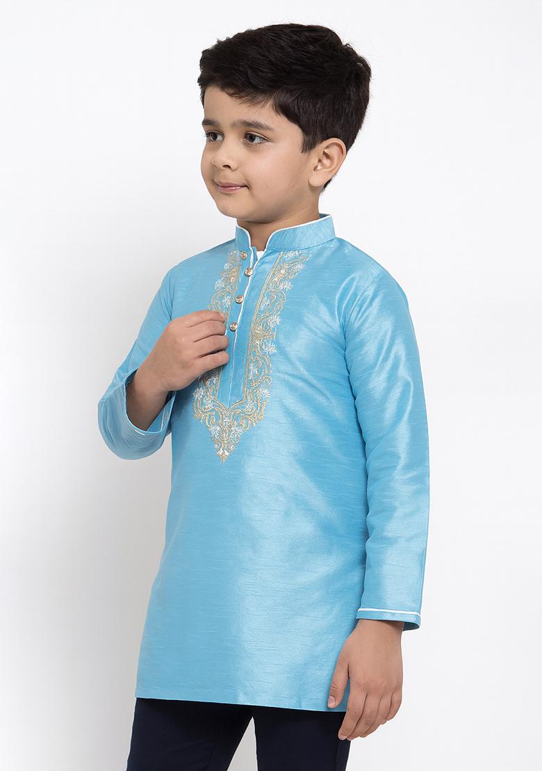 Light Blue Embroidery Silk Kurta For Boys - Indya