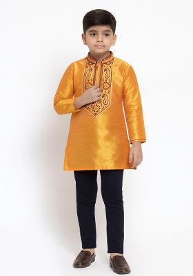 Orange Embroidery Silk Kurta For Boys