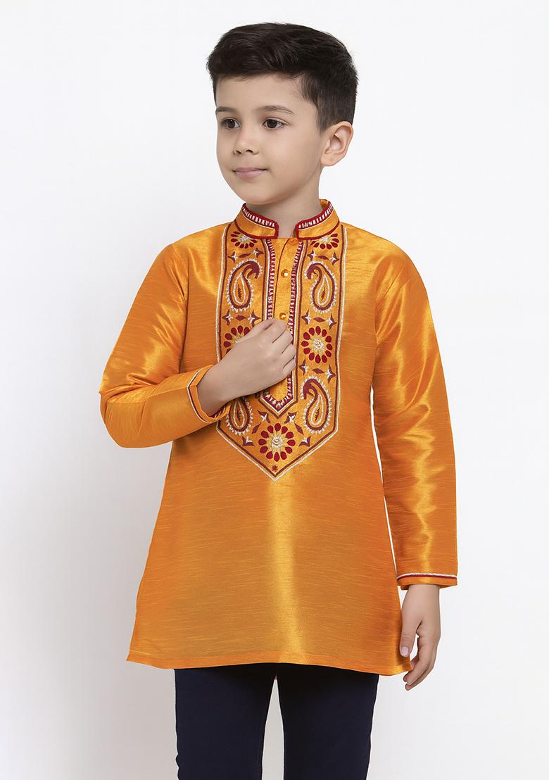 Orange Embroidery Silk Kurta For Boys - Indya