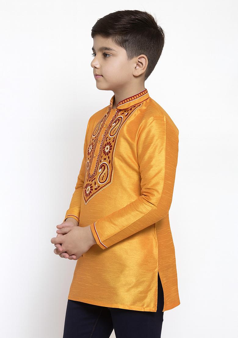 Orange Embroidery Silk Kurta For Boys - Indya