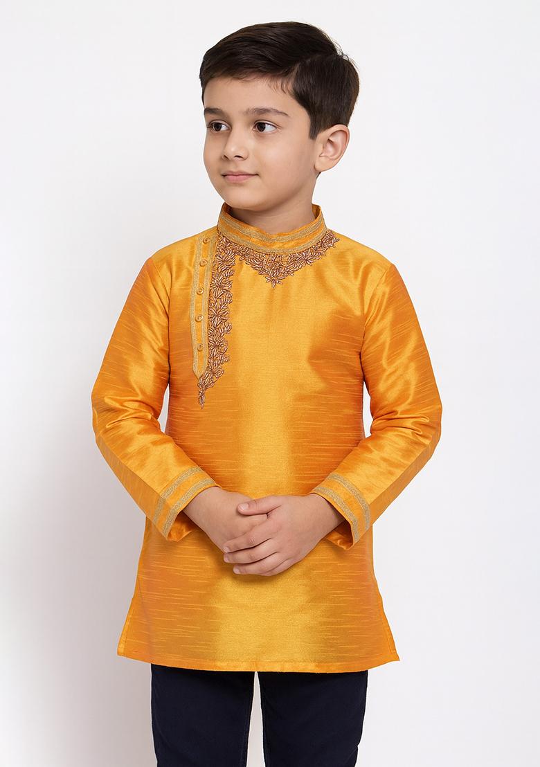 Orange Embroidery Silk Kurta For Boys - Indya