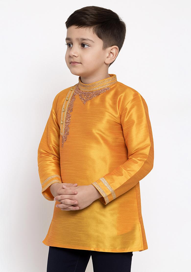 Orange Embroidery Silk Kurta For Boys - Indya