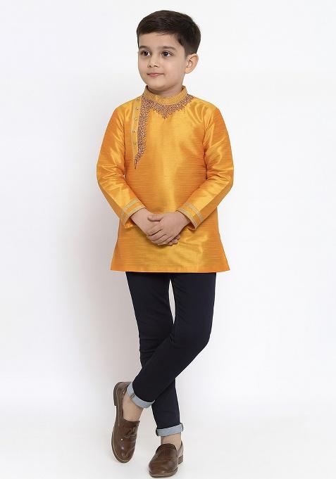 Orange Embroidery Silk Kurta For Boys