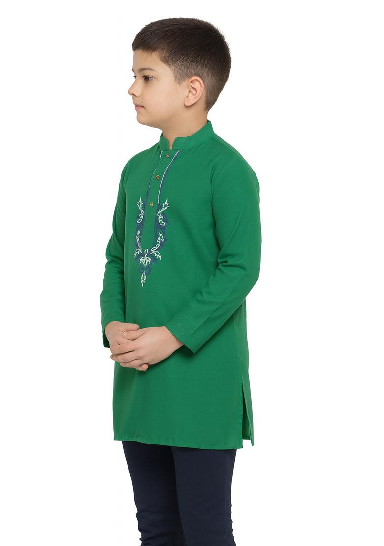 Green Embroidery Cotton Kurta For Boys - Indya