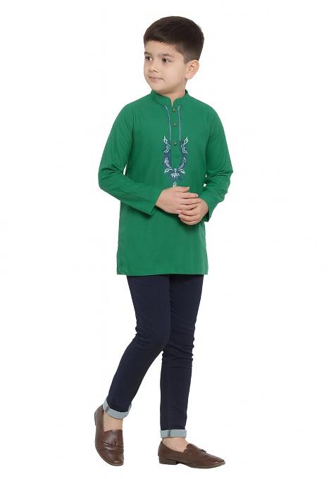 Green Embroidery Cotton Kurta For Boys