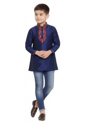 Navy Blue Embroidery Silk Kurta For Boys