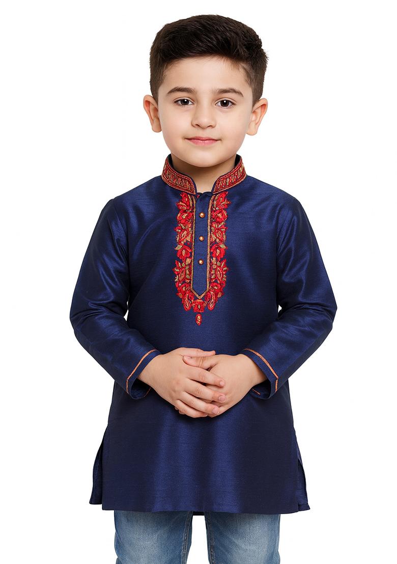 Navy Blue Embroidery Silk Kurta For Boys - Indya