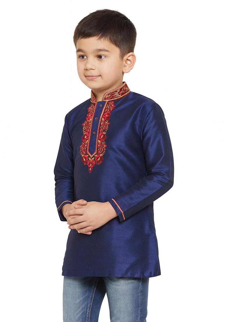 Navy Blue Embroidery Silk Kurta For Boys - Indya