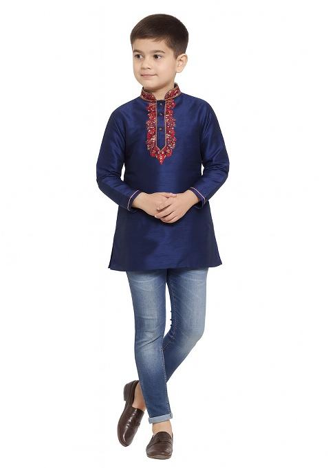Navy Blue Embroidery Silk Kurta For Boys