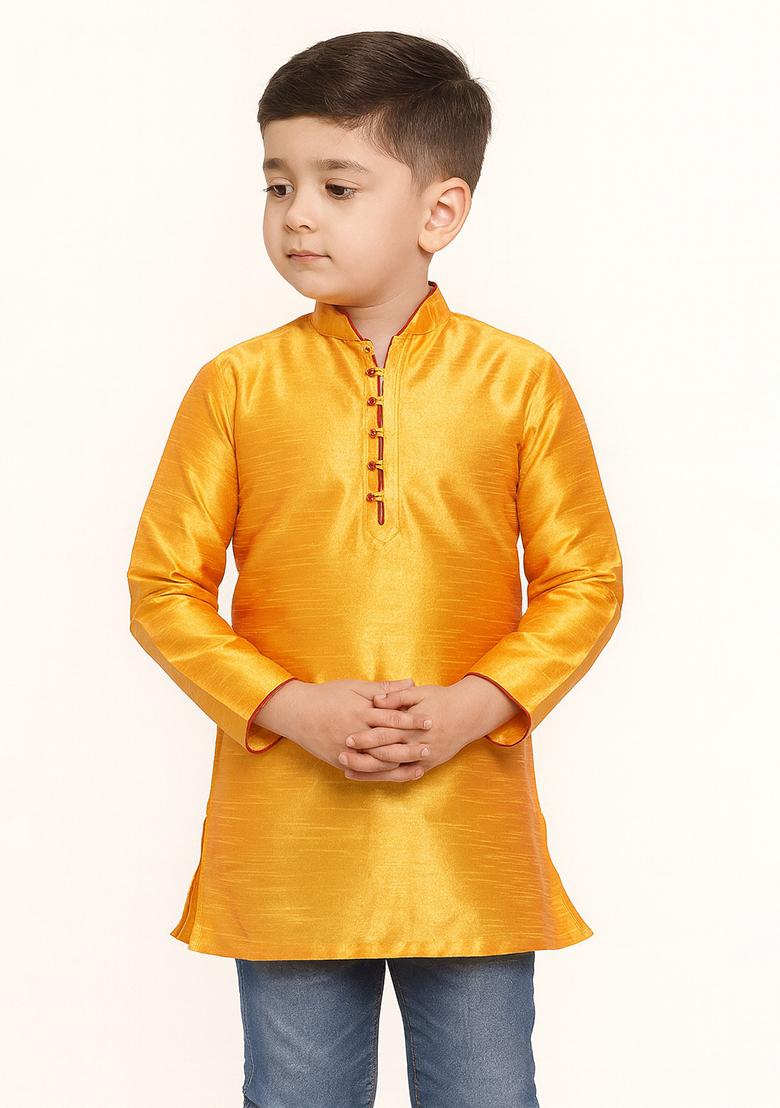 Yellow Embroidery Silk Kurta For Boys - Indya