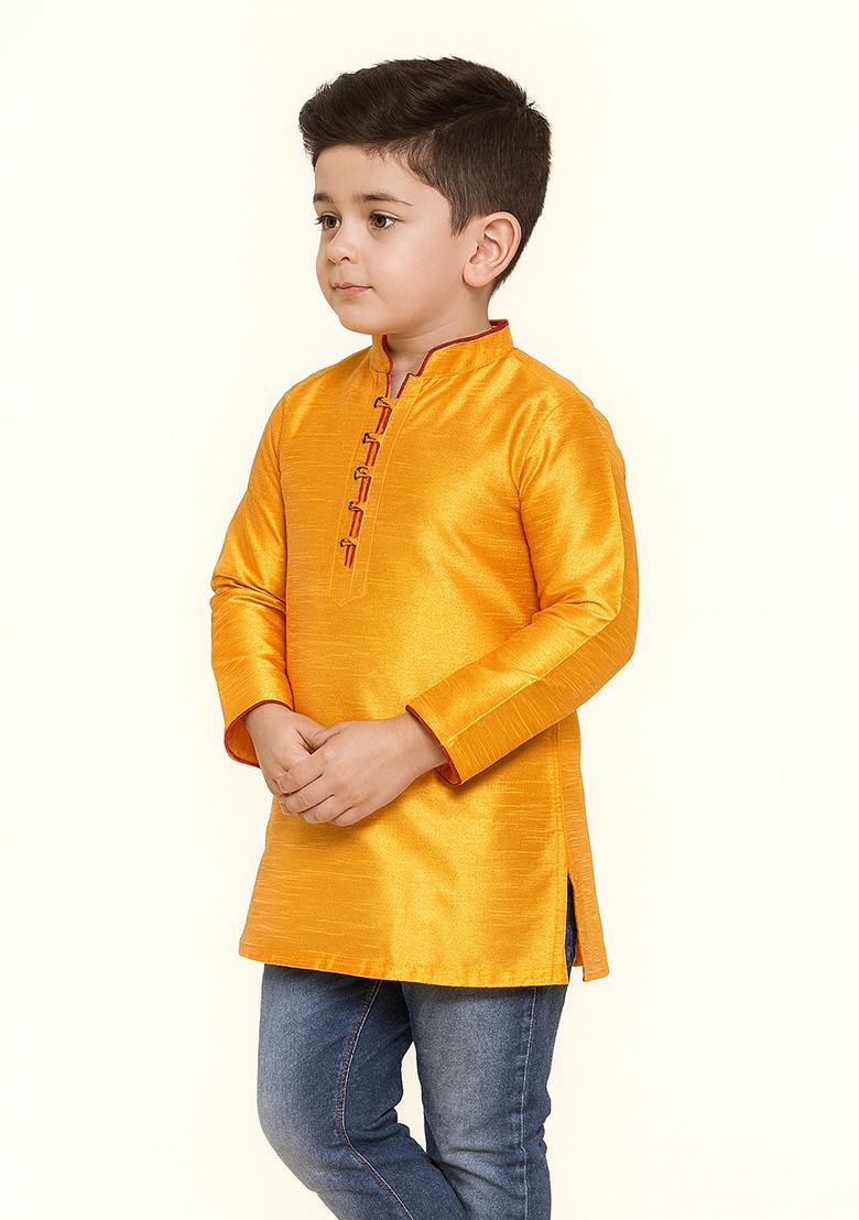 Yellow Embroidery Silk Kurta For Boys - Indya