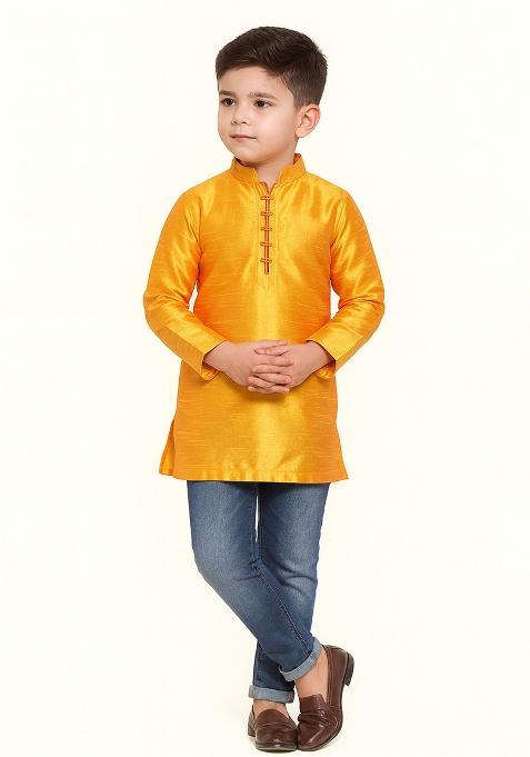 Yellow Embroidery Silk Kurta For Boys