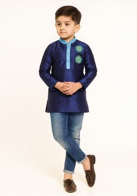 Navy Blue Embroidery Silk Kurta For Boys
