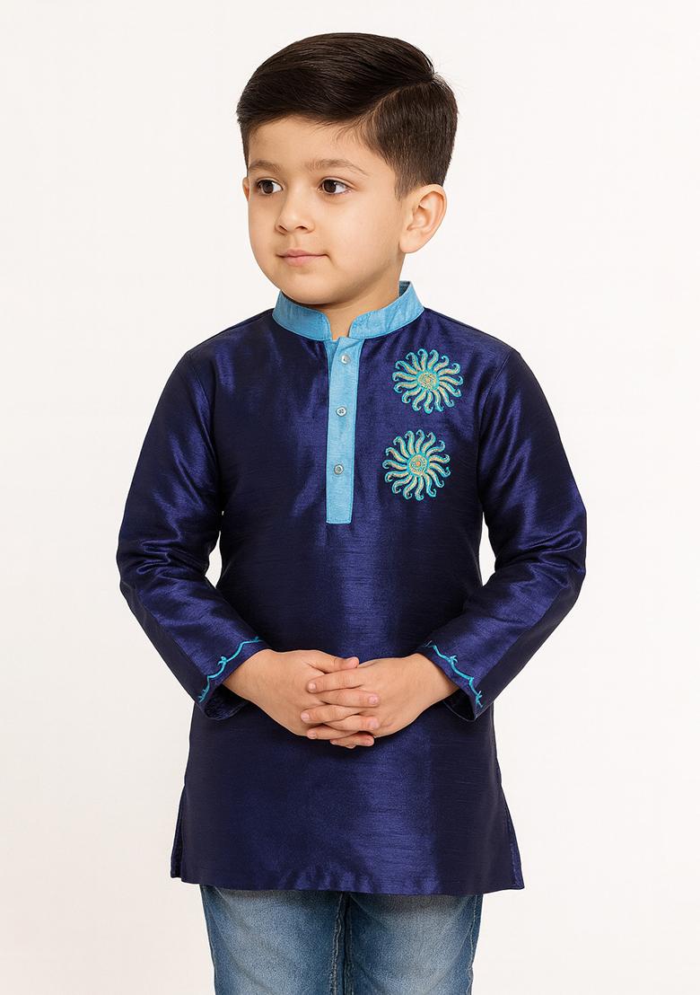 Navy Blue Embroidery Silk Kurta For Boys - Indya