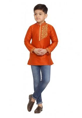Rust Orange Embroidery Silk Kurta For Boys