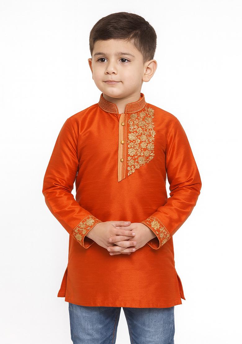 Rust Orange Embroidery Silk Kurta For Boys - Indya