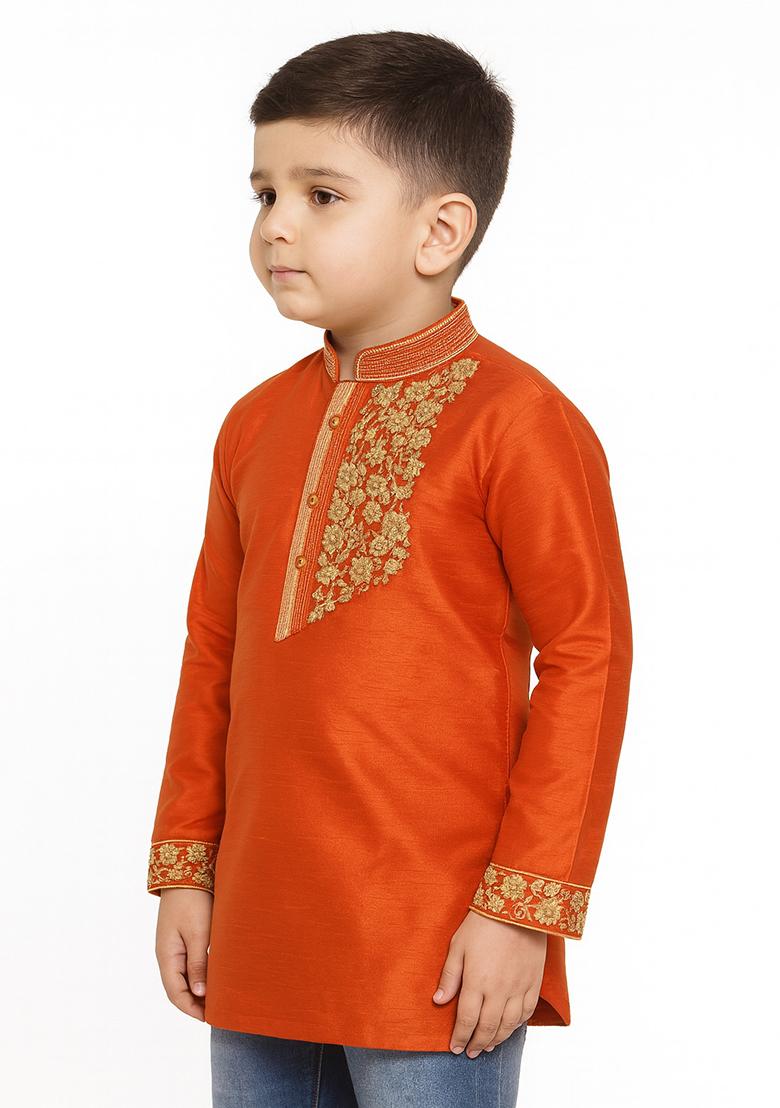 Rust Orange Embroidery Silk Kurta For Boys - Indya