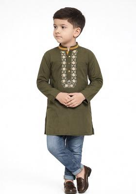 Mehandi Green Embroidery Cotton Kurta For Boys