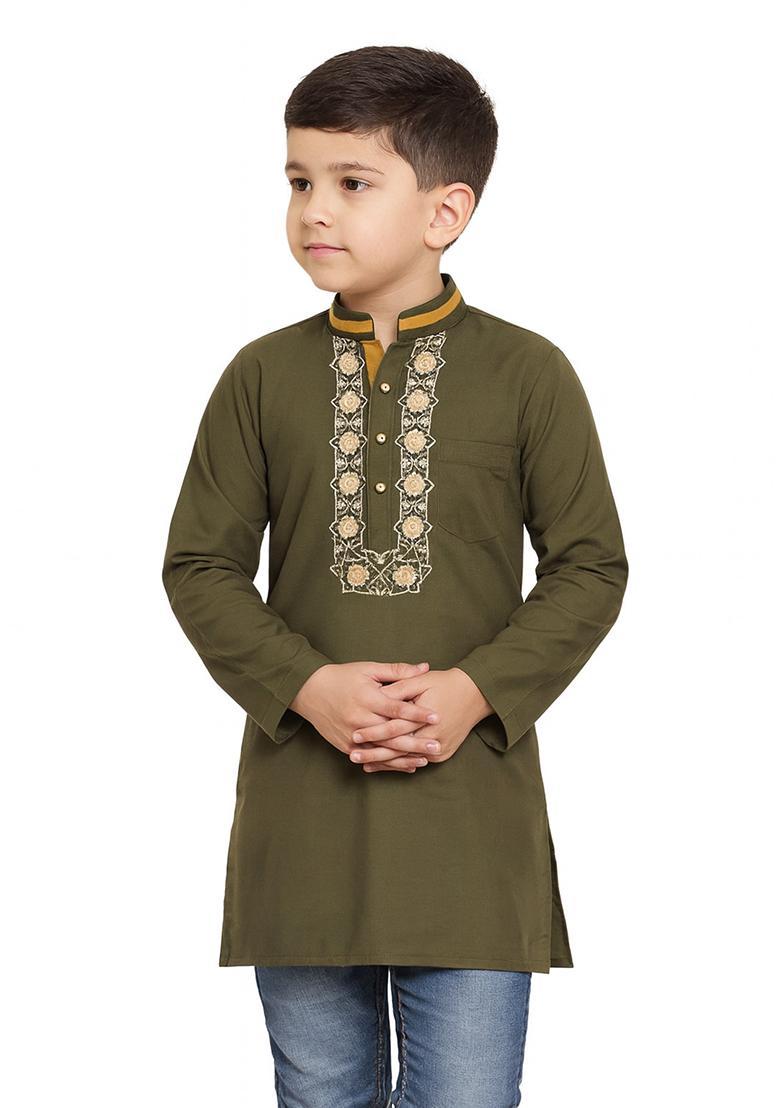 Mehandi Green Embroidery Cotton Kurta For Boys - Indya