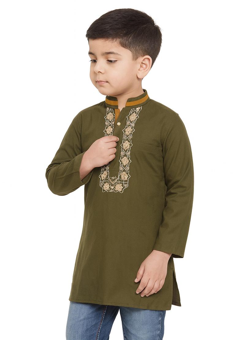Mehandi Green Embroidery Cotton Kurta For Boys - Indya