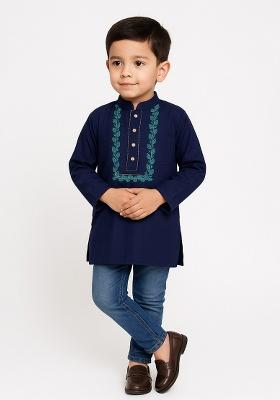 Navy Blue Embroidery Cotton Kurta For Boys