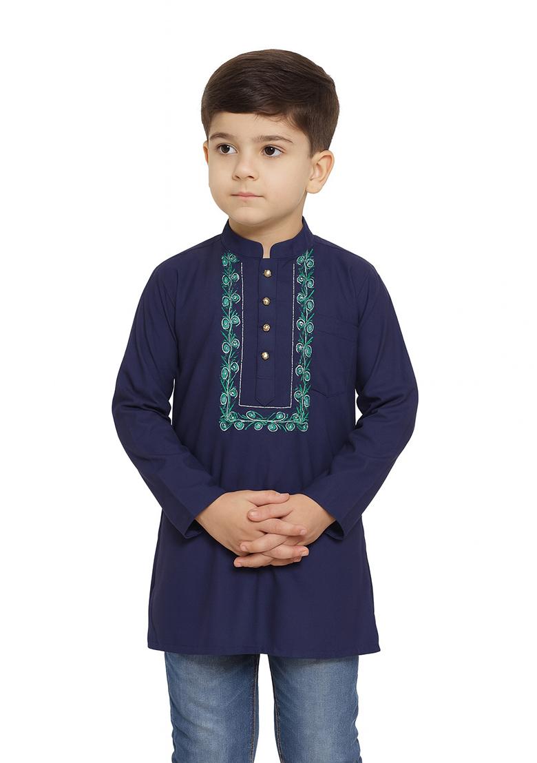 Navy Blue Embroidery Cotton Kurta For Boys - Indya