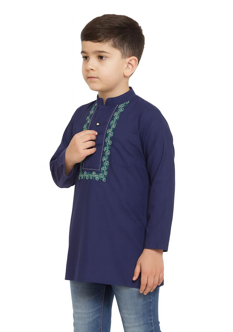 Navy Blue Embroidery Cotton Kurta For Boys - Indya