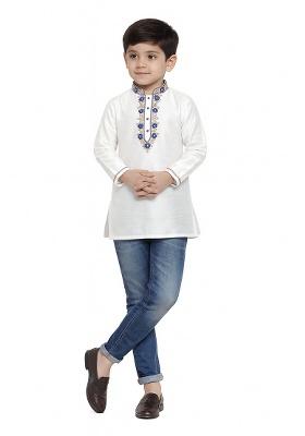 White Embroidery Silk Kurta For Boys