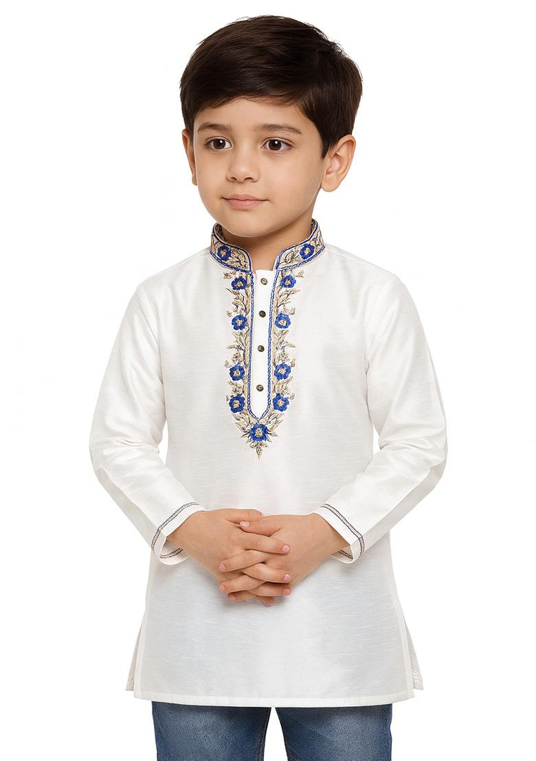 White Embroidery Silk Kurta For Boys - Indya