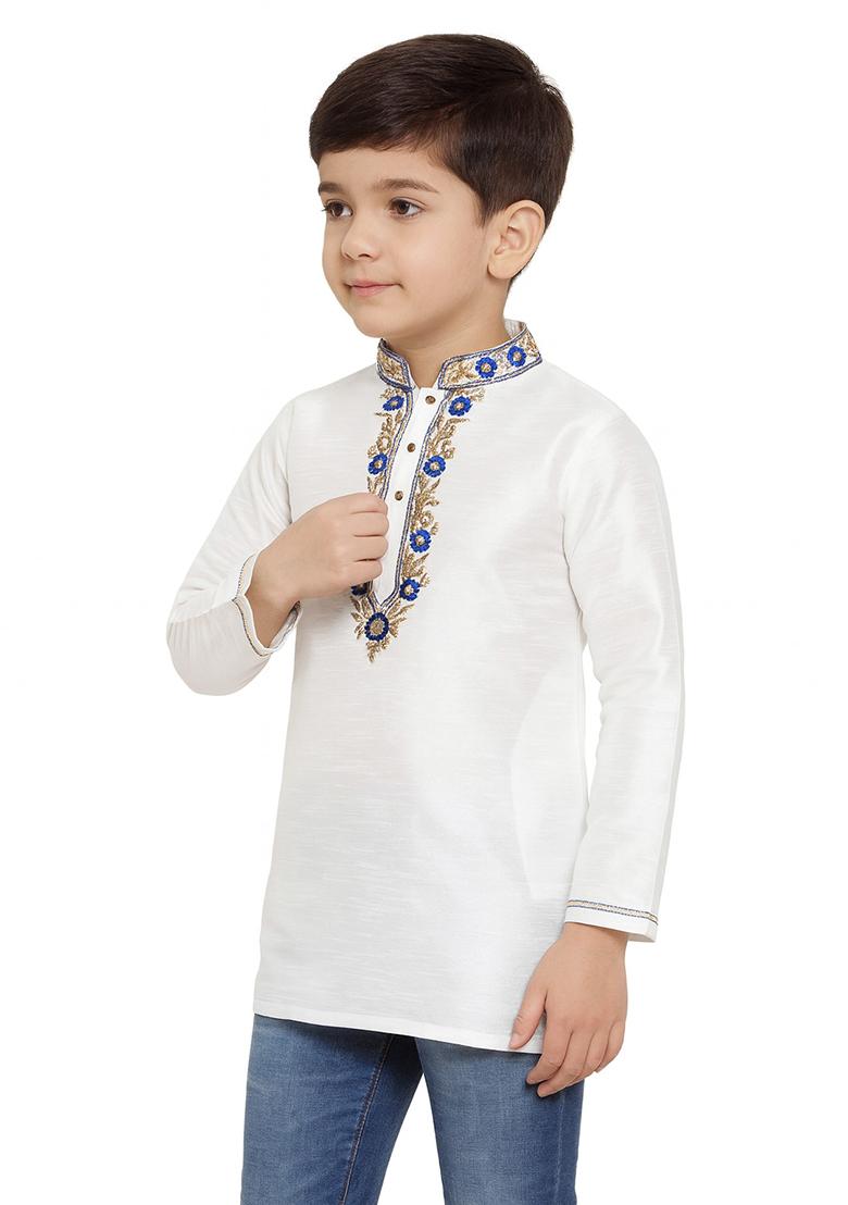 White Embroidery Silk Kurta For Boys - Indya