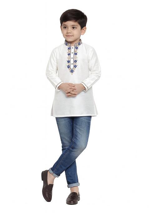 White Embroidery Silk Kurta For Boys