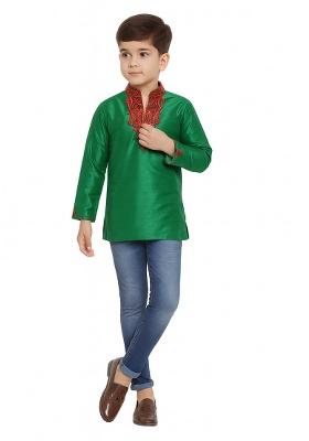 Green Embroidery Silk Kurta For Boys