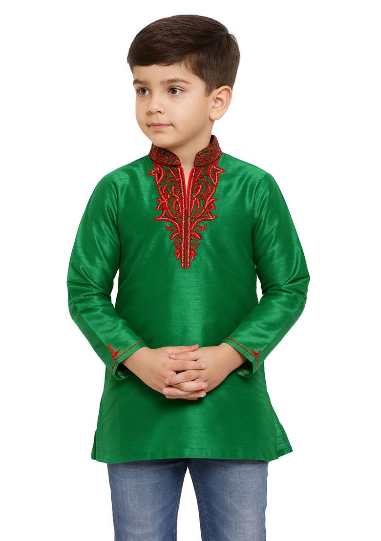 Green Embroidery Silk Kurta For Boys - Indya