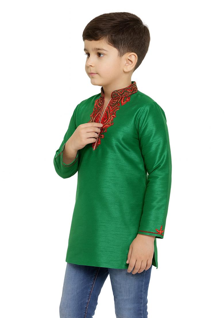Green Embroidery Silk Kurta For Boys - Indya