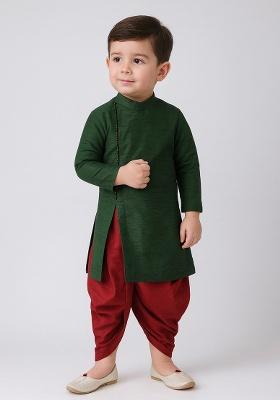 Bottle Green Plain Silk Angrakha With Bottom For Boys